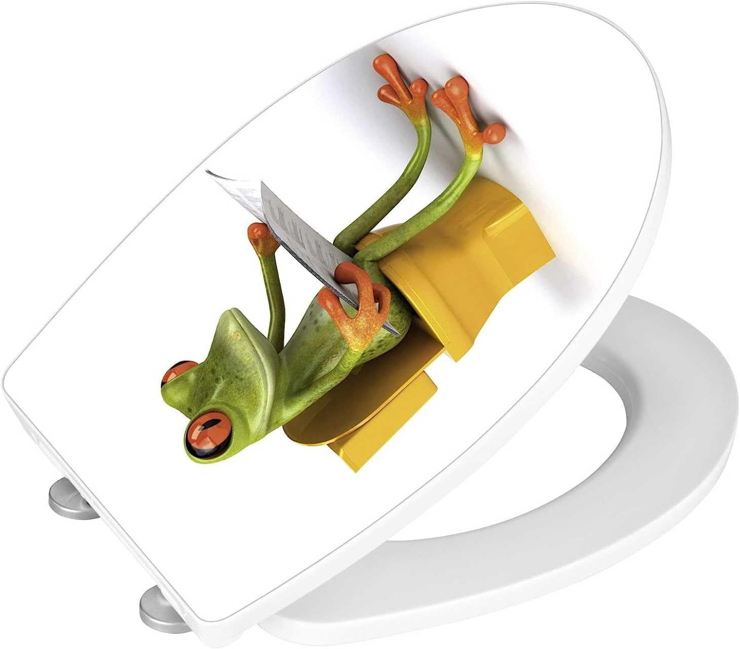 Wenko Multicolor 21758100 Toilet Seat Frog News Acrylic - Soft Closing Mechanism, Fix-Clip, Duroplast, 38.8 X 45 Cm, White