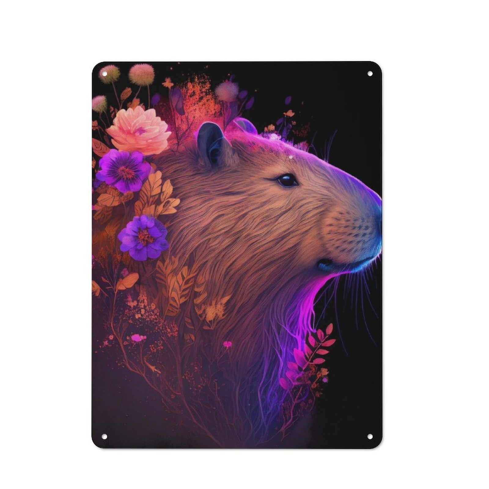 Junmoney Capybara Colorful Flower Metal Plaque 40X30cm With For Garage Wall, Retro Decor, For Themed Interiors In Garages And Workshops