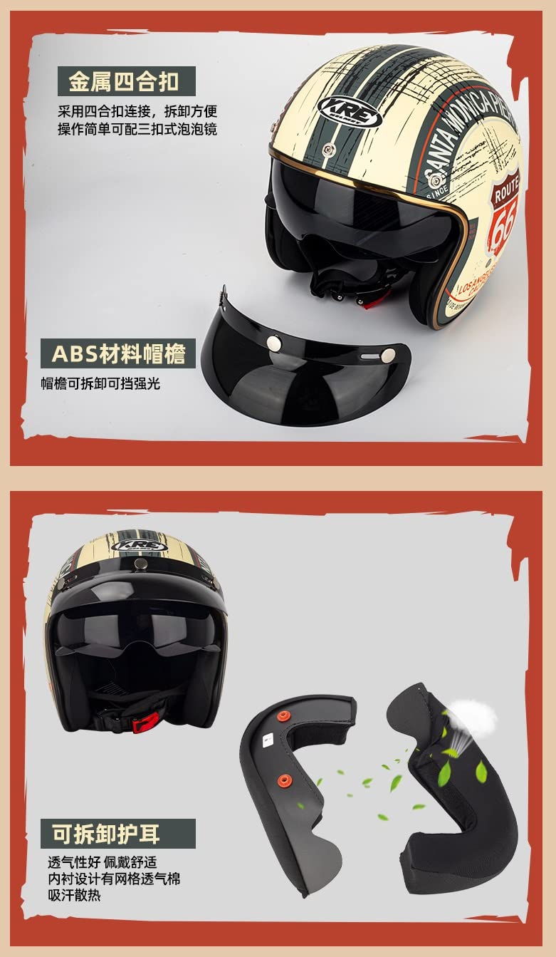 Casque Jet Moto Vintage Open Face Rétro 3/4 DOT Approuvé – Style Classique Pour Hommes Et Femmes