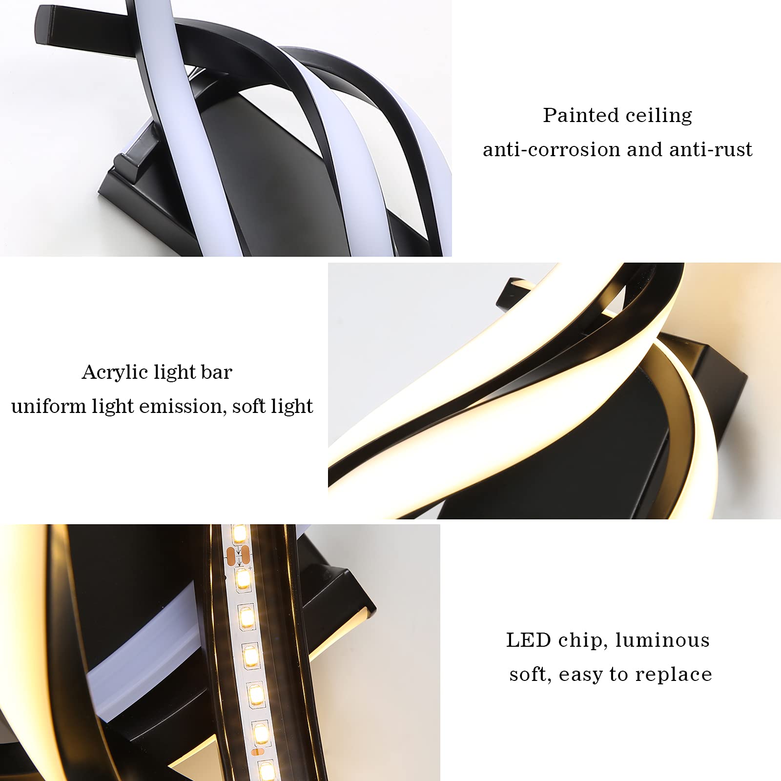 Lampada da Parete Interno, Applique da Parete led Moderno 22W 2500 Lumen, Appliques Camera da Letto Design Curvo 3000K Luce Bianca Calda, Nero [Classe di efficienza energetica E]