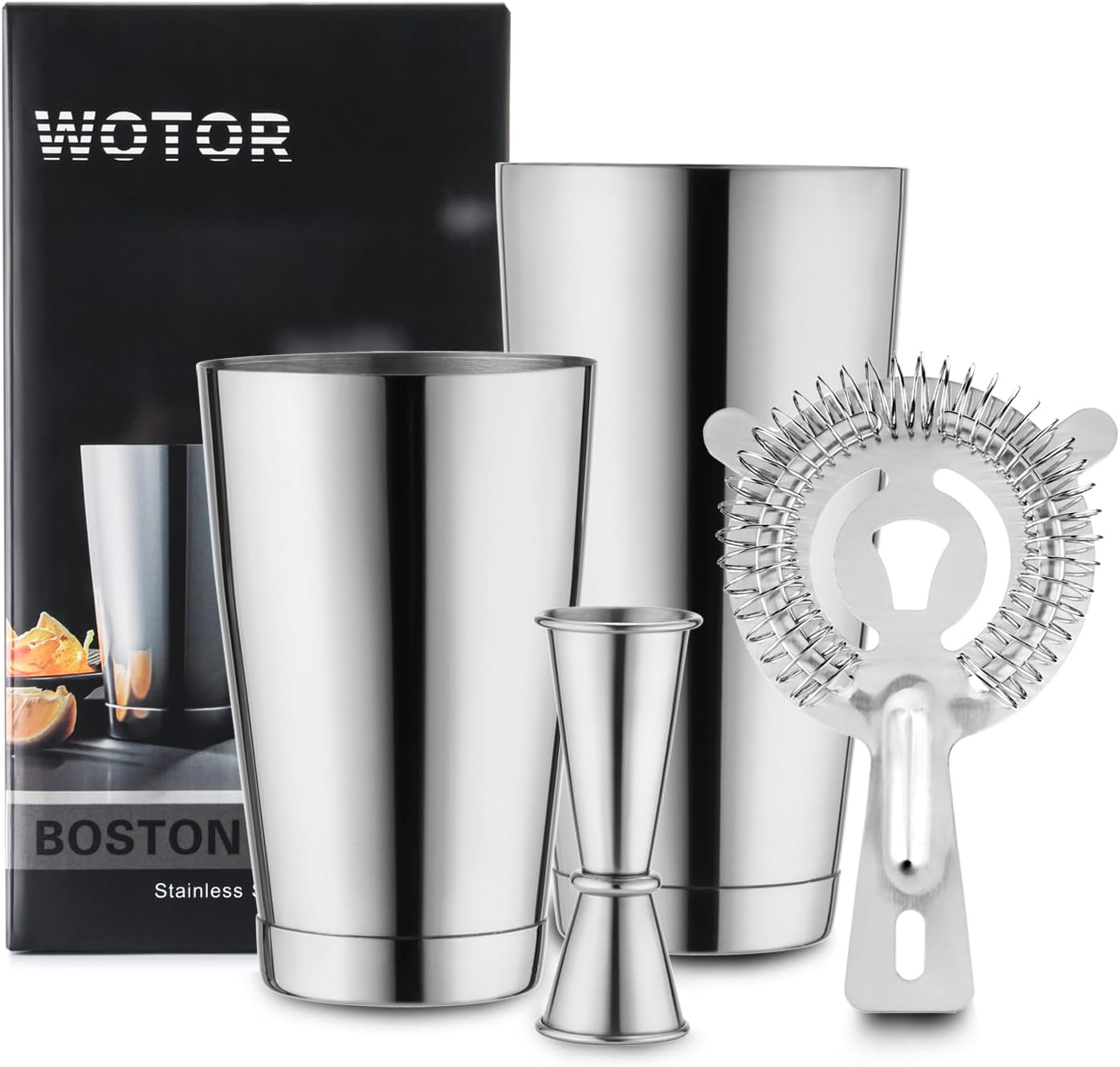 WOTOR Boston Cocktail Shaker Set, 18 oz & 28 oz Stainless Steel Weighted Shaker Tins, Strainer, Double Measuring Jigger, Professional Bar Tools for Bartender (Silver)
