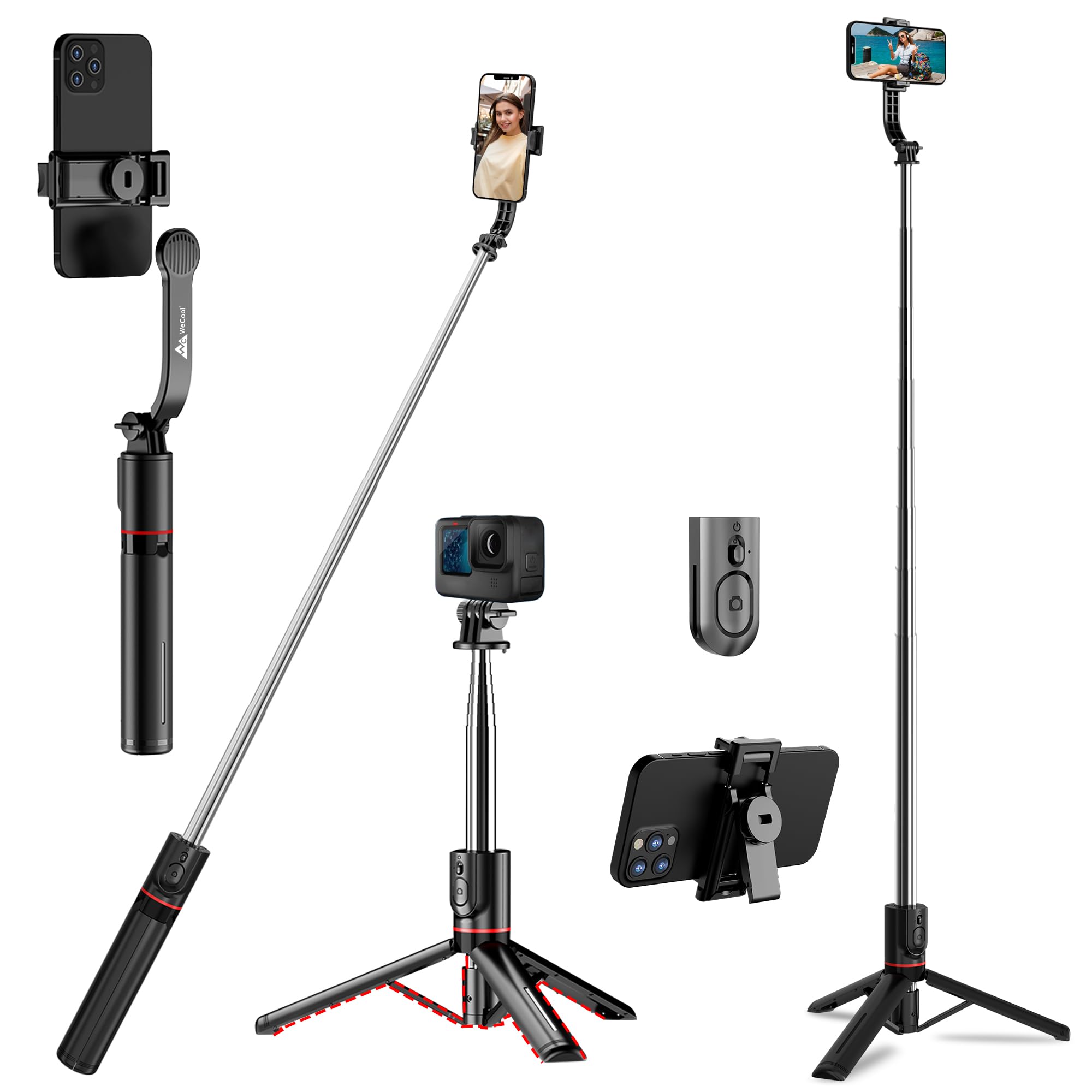 wecool selfie stick with tripod stand extendable upto 45inch,360° rotational detachable mobile holder, selfie stick tripod compatible with mobile/gopro for video & photoshoot