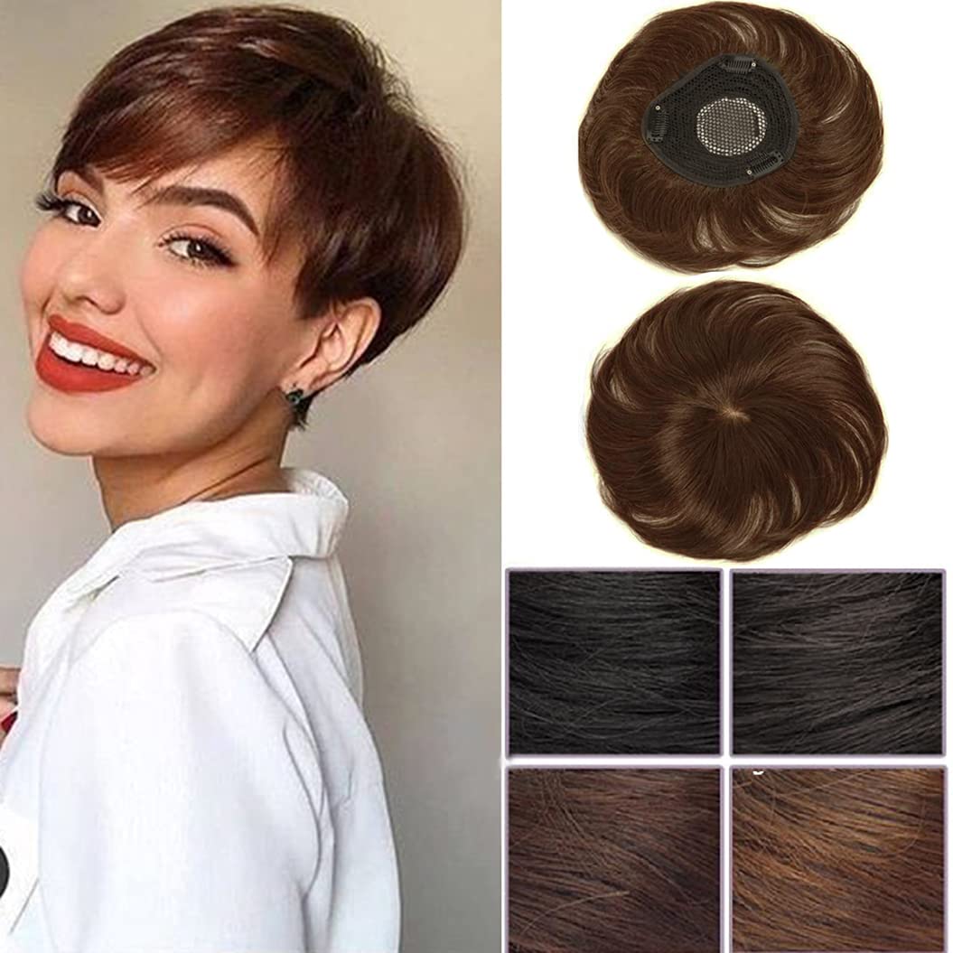 Short Human Hair Toppers Light Brown Color Seamless 4.3 inch x 4.3 inch Silktop Head Spin Wiglet Hairpiece Toupee Clip in Topper Hair Piece for Women Covering Grey & Thinning Hair