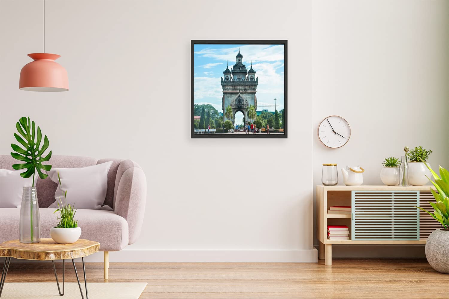 VERRE ART Black Floater Framed Canvas - Wall Decor for Living Room, Bedroom, Office, Hotels, Drawing Room (14in X14in) - Patuxai Vientiane City