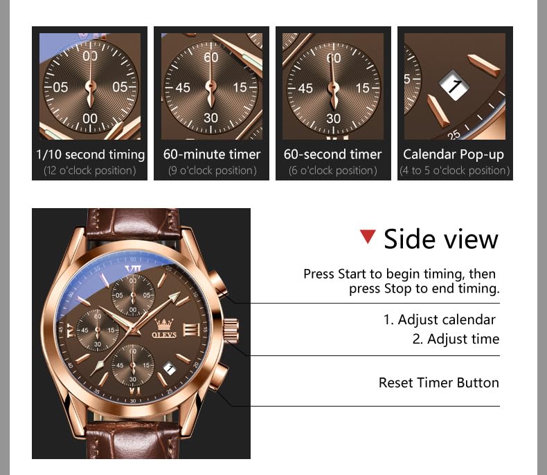 Image of OLEVS Watches for Men Original Analog Quartz Stylish Brown Leather Luxury Business Chronograph Waterproof Date Mens Wrist Watch