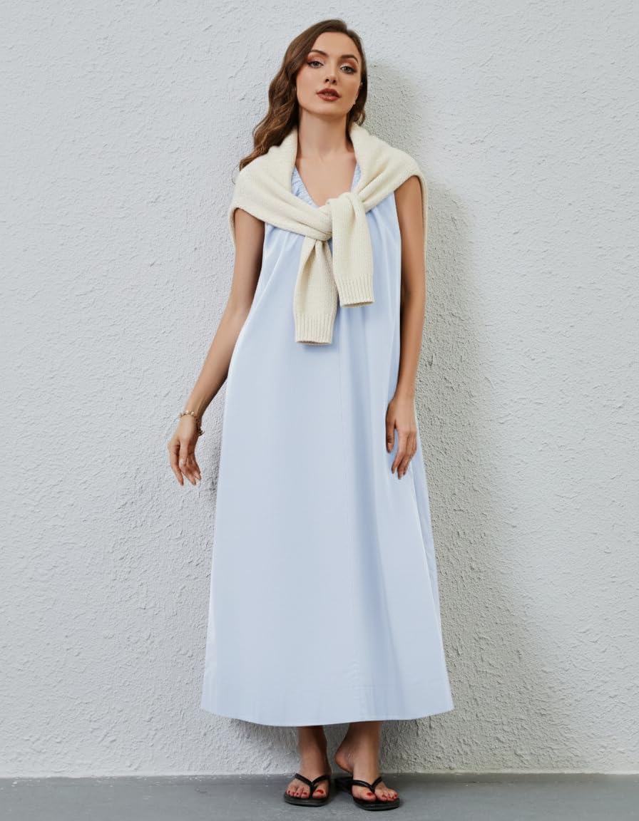 Women Flowy Maxi Dress Ruched Sleeveless Long Dress Vacation Fashion Summer Casual Loose Fit Sundress with Pockets - Image 4