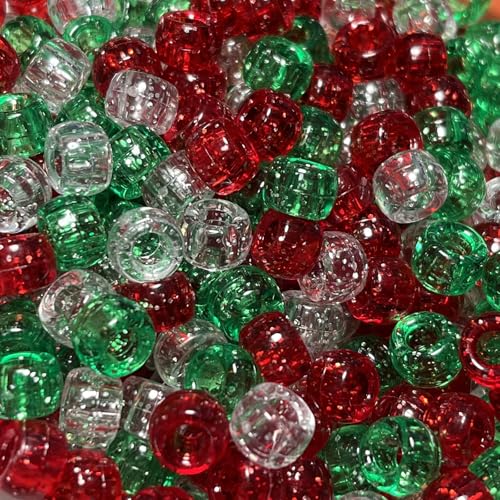 Christmas Pony Beads(1200Pcs 6x9mm), Glitter Pony Beads Bulk for Home and Party Decoration, Christmas Beading for Jewelry Crafts Making, Hair Beading (Xmas Glitter)