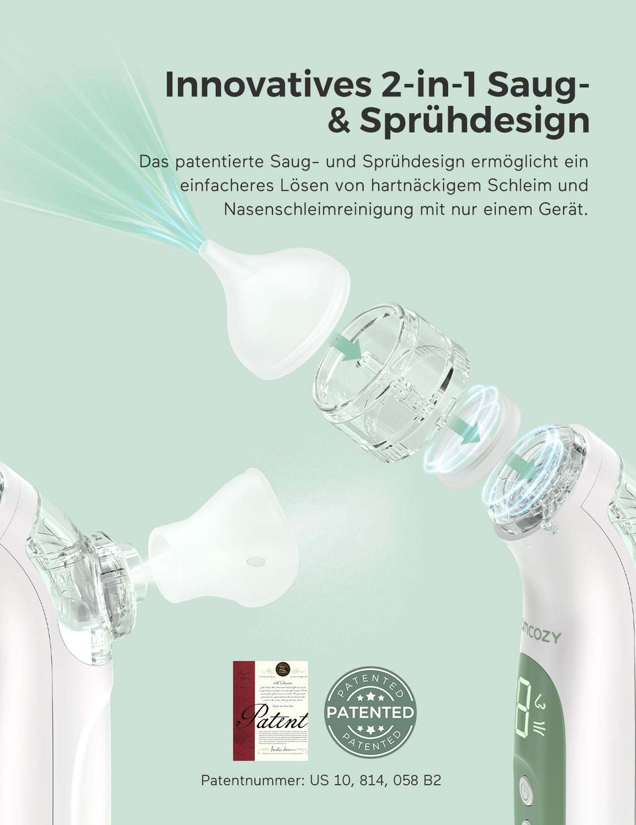Momcozy BN007 BreezyClear 2-in-1 Nasensauger Baby, 4 einstellbare Stufen, leiser & tragbarer Nasensauger Baby mit beruhigendem Licht & Musik