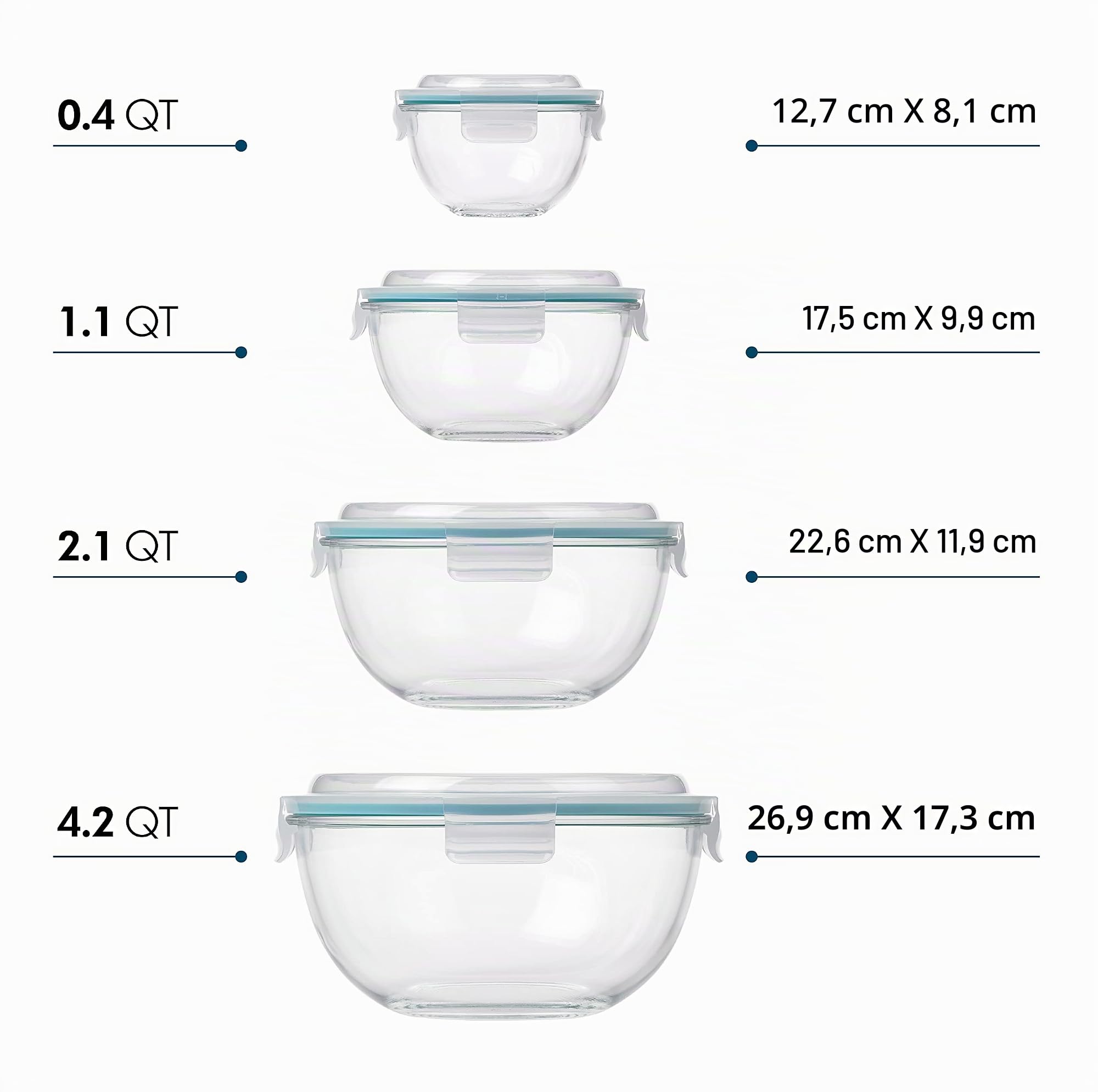 Glasslock Rührschüssel-Set, 8-teilig, mit Schnappdeckel, luftdicht und auslaufsicher, platzsparend, mikrowellengeeignet, spülmaschinenfest
