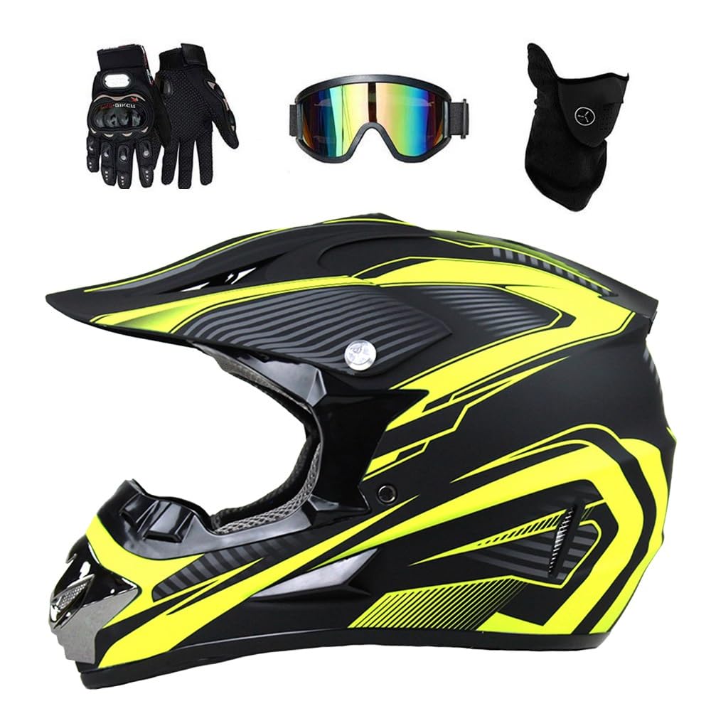 Youth Kids MTB Motocross Helmet, with Goggles Gloves Mask, Unisex Full Face MX Off-Road ATV Karting Motorbike Helmet, D.O.T Certified Downhill Dirt Bike Enduro Racing Helmet ( Color : Yellow , Size :