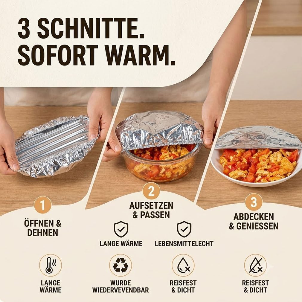 Alufolie Isolierhaube mit Gummiband 50/100/200 Stück Abdeckhaube,Alufolie Isolierhaube für Schüsseln. elastischem runden Gummizug zur Speisenabdeckung. (50Stück)