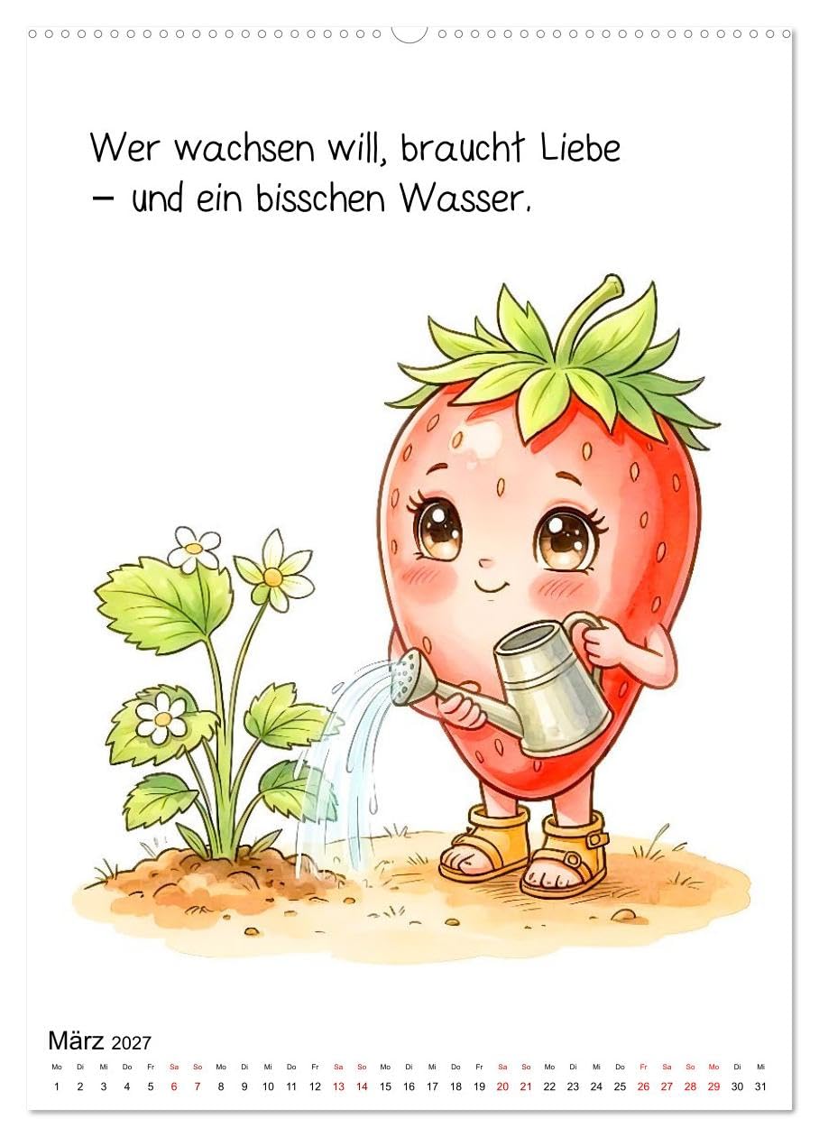 Erdbeer Kalender - Niedliche Illustrationen mit Sprüchen (Wandkalender 2027 DIN A2 hoch), CALVENDO Monatskalender: Ein liebevoll gestalteter ... gute Laune verbreitet. (CALVENDO Spass)