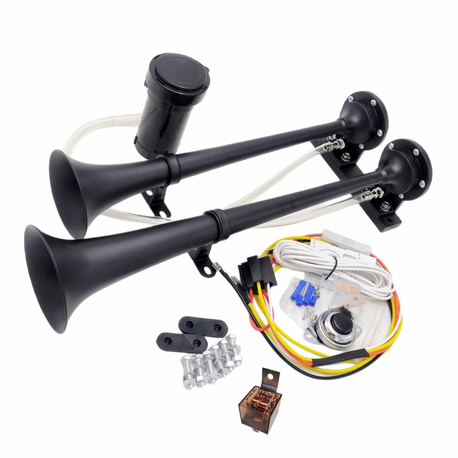Car Horn Clacson per auto Corno d'aria Corno auto 24V Doppio tubo Corno Zinco Cromo Corno elettrico nero 170db Impermeabile Corno alto e basso tono con pompa ad aria Per 24V camion nave ecc