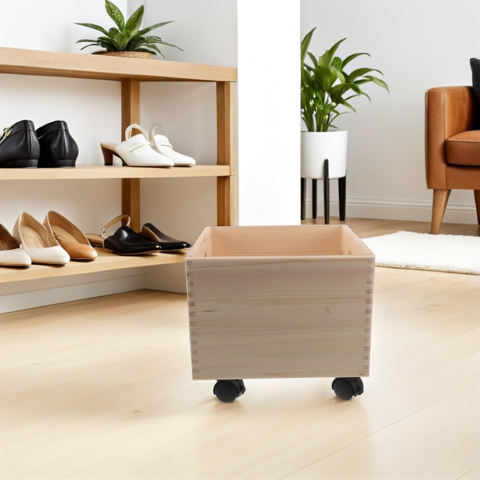 Cassa di Legno Quadrata con Ruote per Organizzazione Casa e Ufficio, Porta Vinili e Riviste con Struttura Robusta e Stile Rustico Beige per Soggiorno