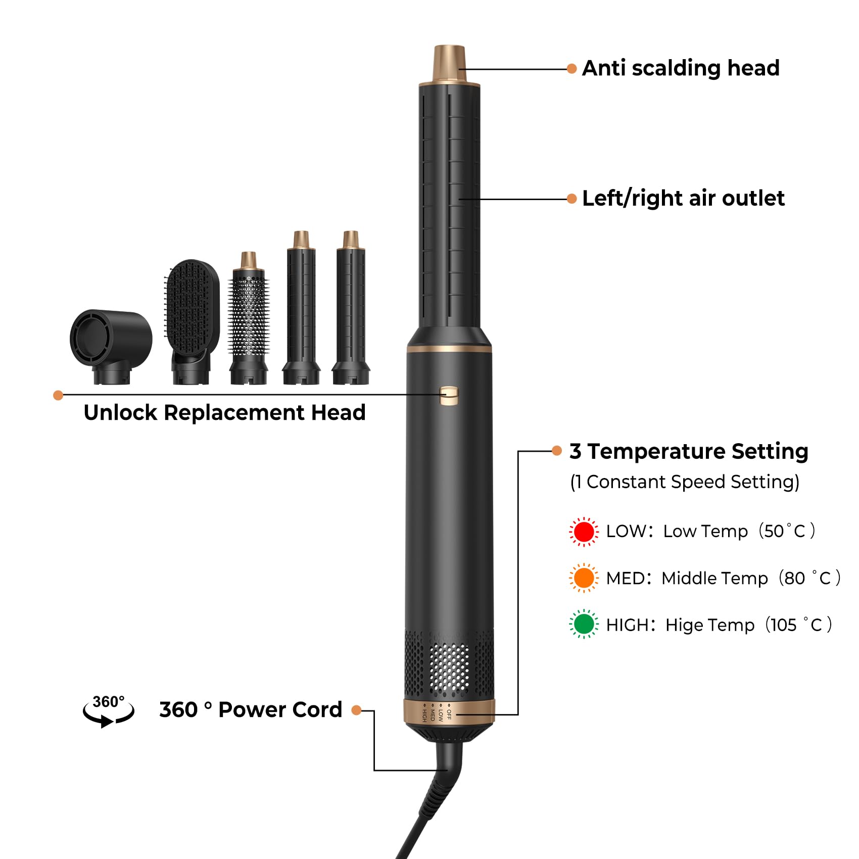 Airstyler 5 in 1 Hairstyler mit Air Lockenstab Föhn Heißluftbürste Haarstyling Geräte Föhnbürste Warmluftbürste Rundbürstenföhn Lockenföhn Stylingbürsten Multi Air Hair Dryer Styler Set, Schwarz/Gold