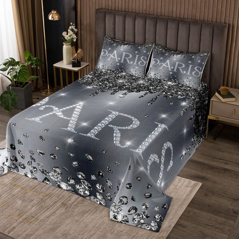 Colcha acolchada de la Torre Eiffel, color gris diamante, para niños, niñas, adolescentes, con purpurina, decoración de París, juego de colcha transpirable, decoración de la habitación de San