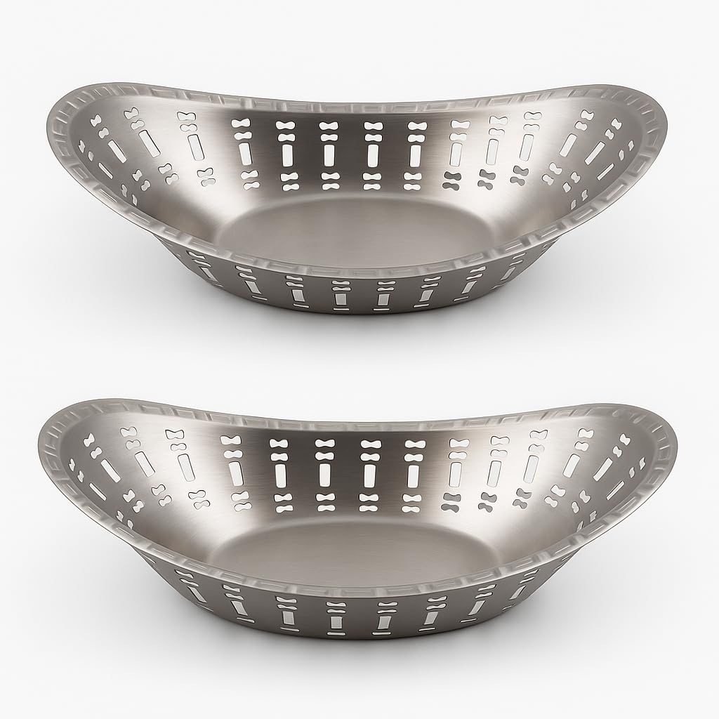 Gurubhai Equipments Stainless Steel Naan Serving Basket Set of 2 | Elegant Oval Bread Serving Basket with Intricate Laser-Cut Design | Ideal for Hotels, Restaurants, Catering & Home Dining