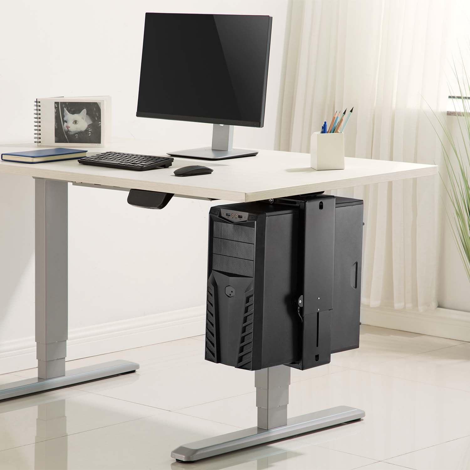 AISENS Soporte Giratorio y Altura Personalizable para CPU por Debajo de Escritorio con Mango de Bloqueo Fácil Negro (Paquete de 3)