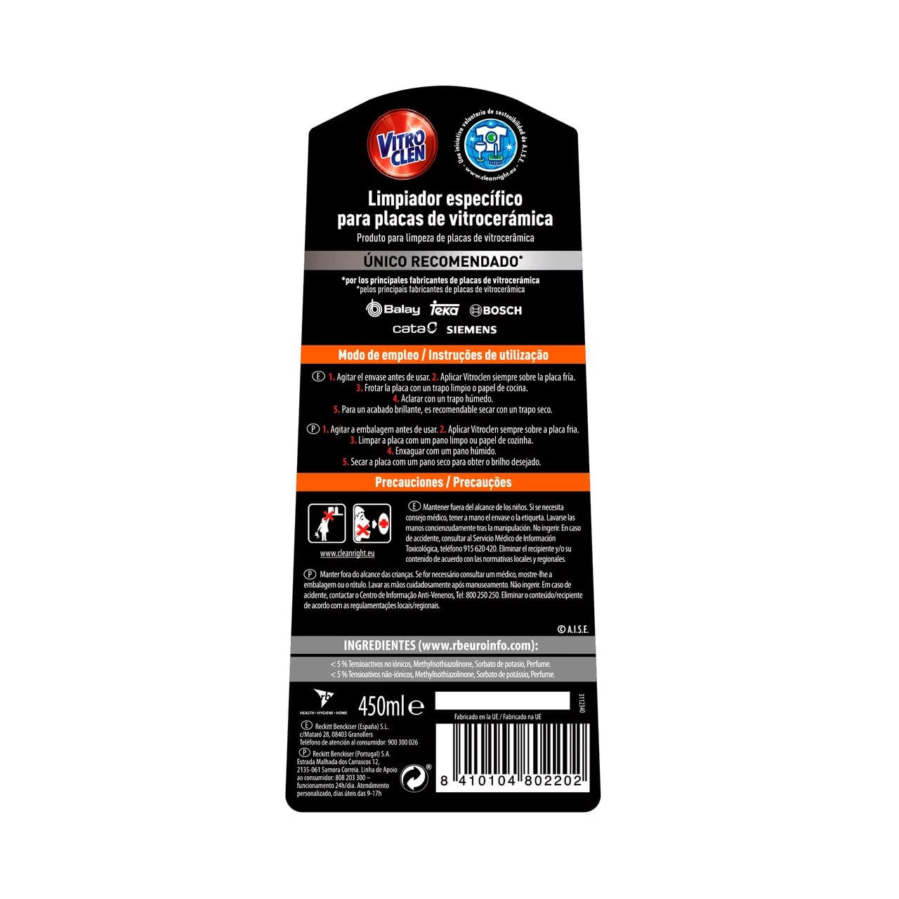 Reinigung für Glaskeramik- und Induktionskochfelder 3 in 1 (Reinigung, Glanz und Schutz) 450 ml 4er-Pack