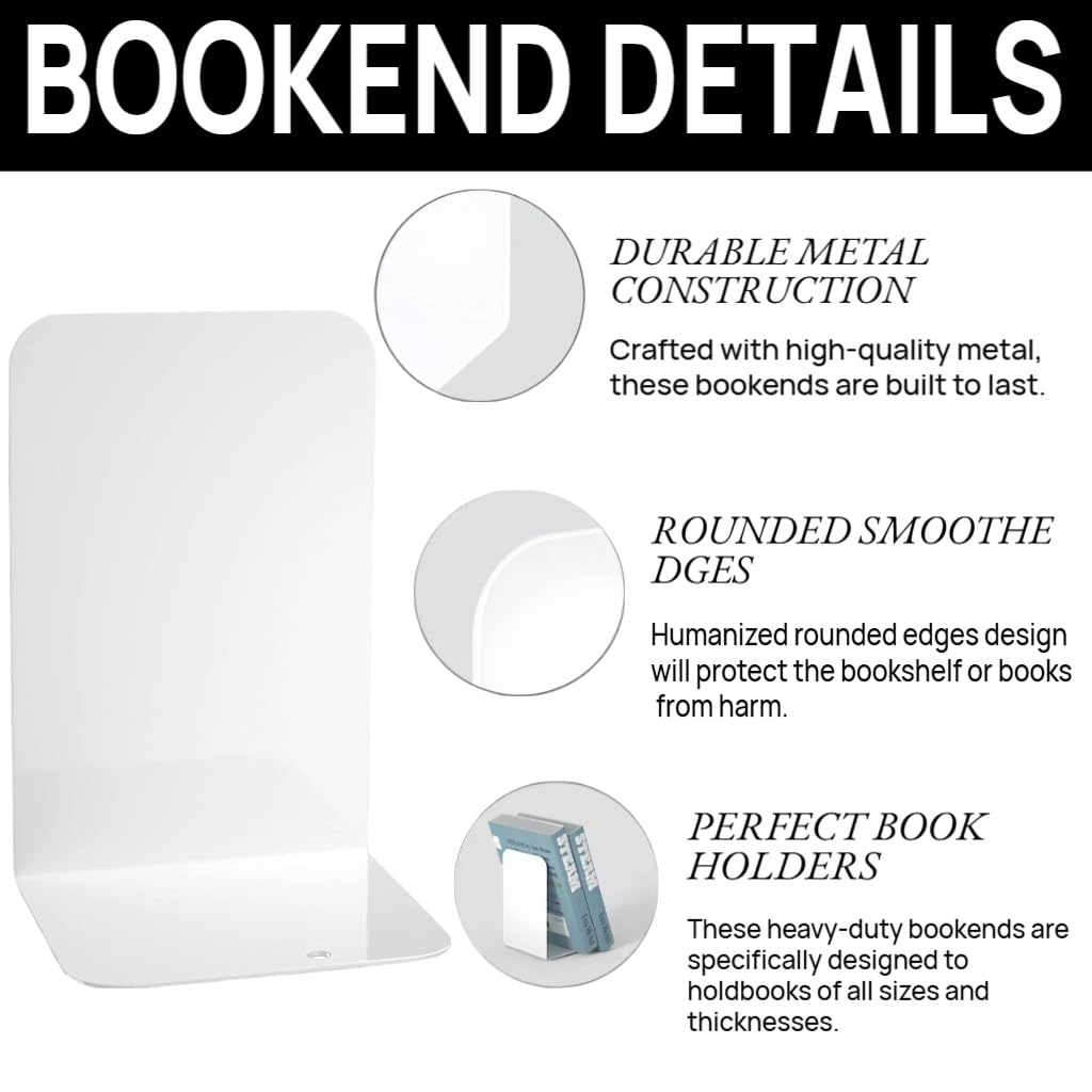 Deefongo 6pcs White Decorative Metal Bookends,Heavy Duty Bookends,Book Ends for Shelves Divider Stopper Holder, Black Metal Book ends with Non-Slip Rubber Pad for Decor,Home,Office - Image 3