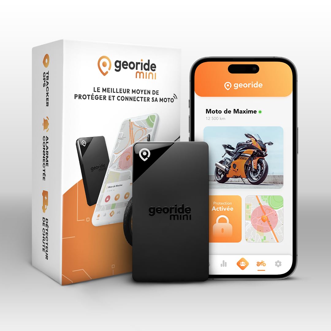 GeoRide Mini - Mini Tracker GPS para moto con alarma conectada, detector de caída - Posición y alertas de vuelo en tiempo real - Llamada de emergencia - Asistencia después del vuelo 24/7 - Suscripción
