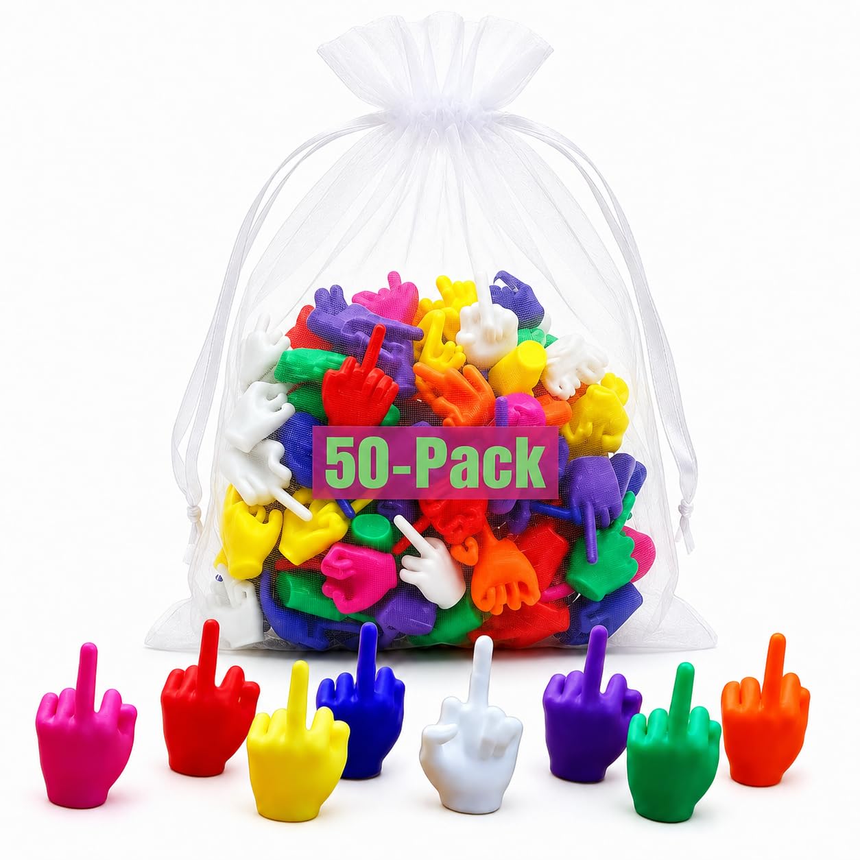 Mini Middle Fingers 50 Pack, Tiny Hands Funny Gag Gift, Colorful Middle Finger Toys for Adults, Office Prank Desk Decor, White Elephant Christmas Stocking Stuffers Party Favors (50pcs)