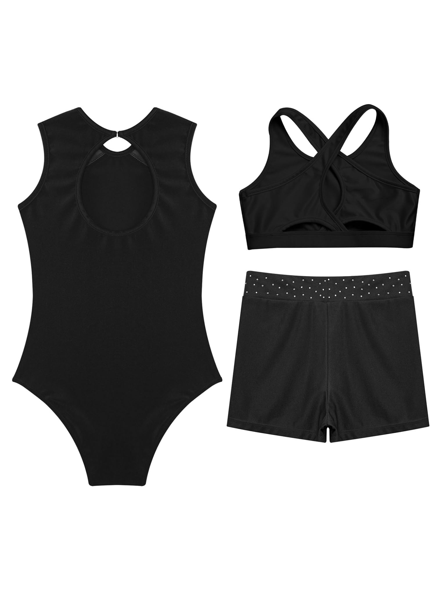 Oyolan Justaucorps Gymnastique Fille 3 Pièces avec Short Débardeur Tenue Danse Patinage