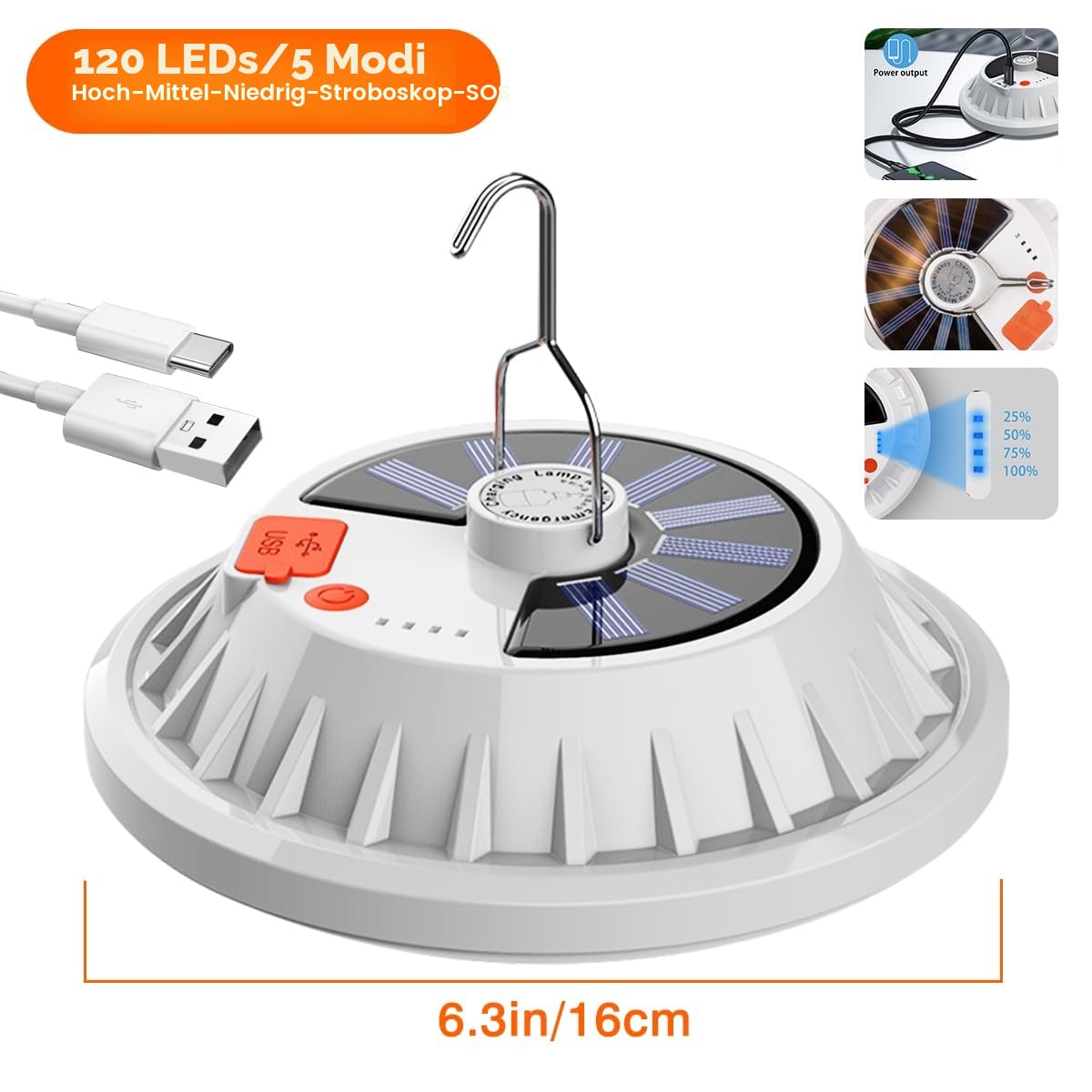 Camping Lampe solar, 2000 LM Campinglampe Aufladbar, Zeltlampe mit Solar & USB-C Ladung, Wasserdicht Camping Licht fur Stromausfällen, Wandern, Notfälle