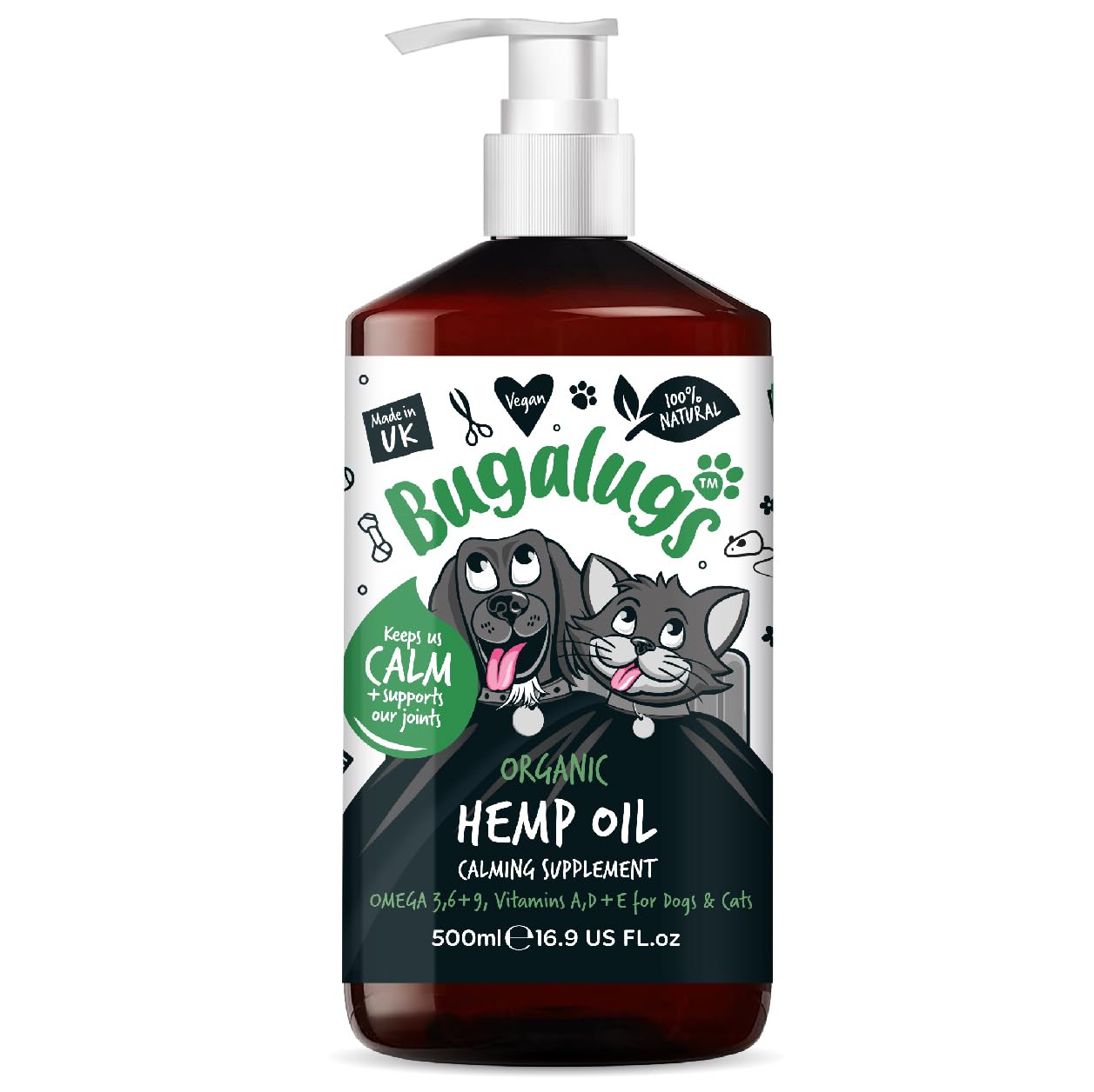 BUGALUGS Dog Calming Hemp Oil Supplement for Dogs & Cats | For Dog Emotions, Dog Barking | Omega 3,6,9 | High Strength 500,000mg | Supports & Maintains Healthy Joints | Add To Food Or Chew's | 500ml