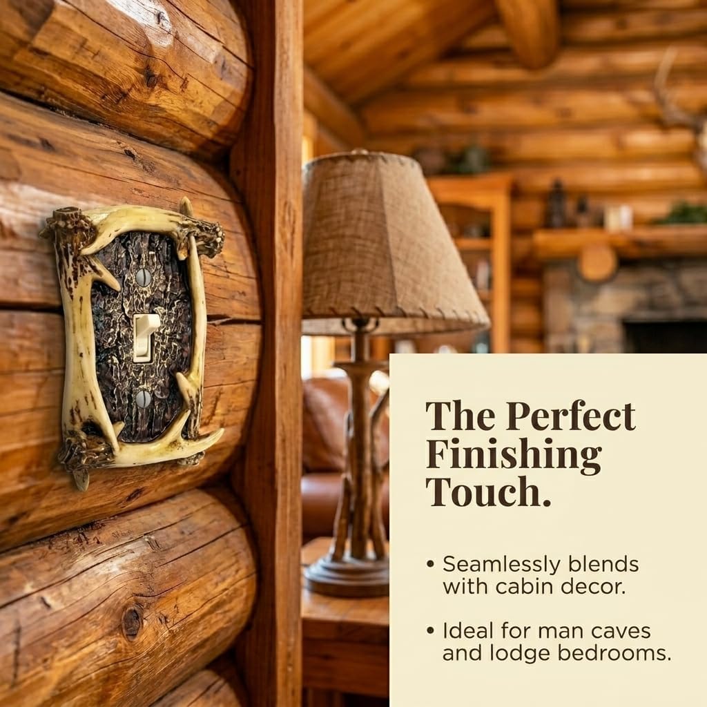 Rustic Deer Buck Antler Wall Plate Cover for Cabin Lodge or Hunter Man Cave Decor (Single Light Switch)