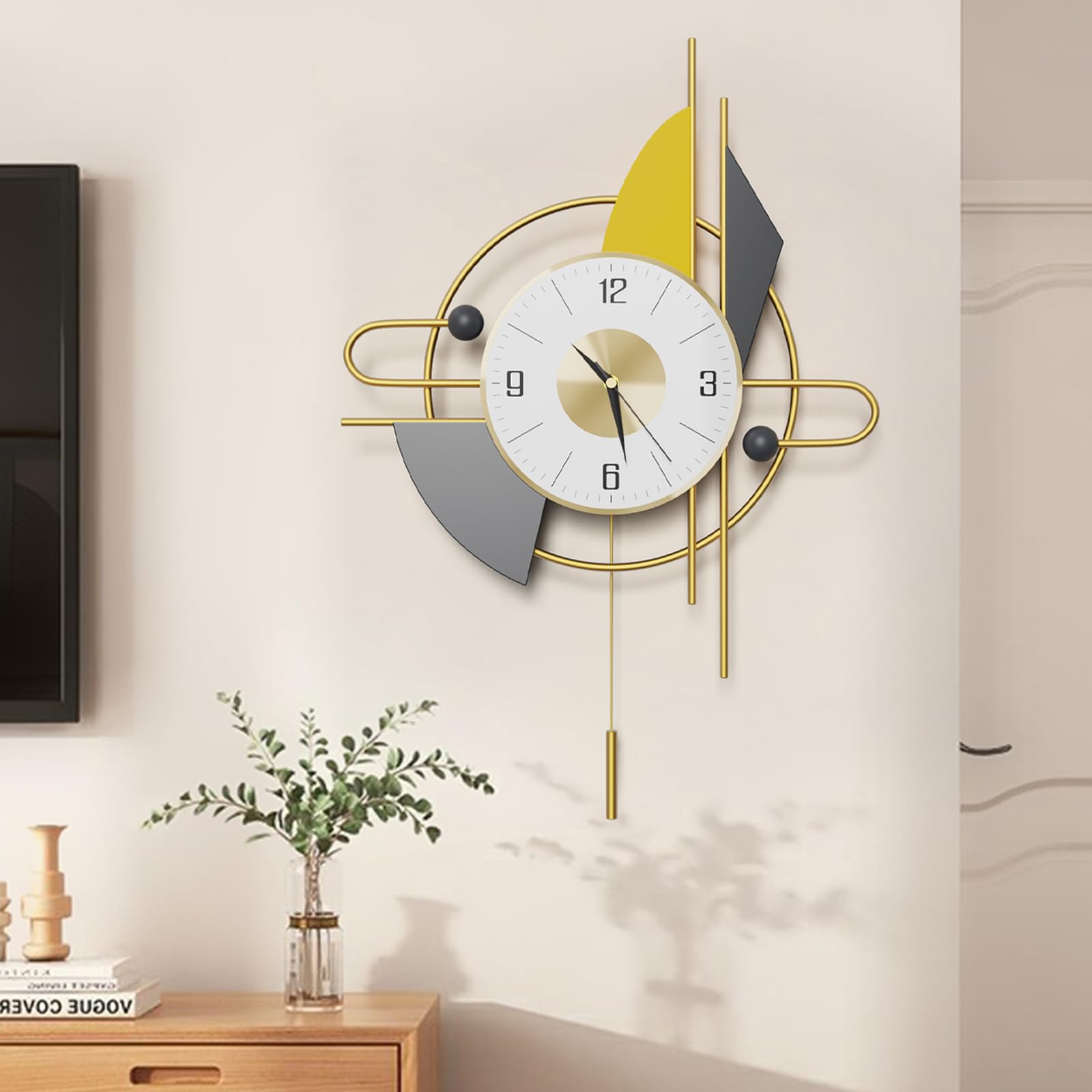 LANMOU Reloj de Pared Grande Salon, Reloj Pared Silencioso Sin Tic TAC con Péndulo, Wall Clock Gold Moderno de Metal y Latón, 75 x 44 cm para Decorativo