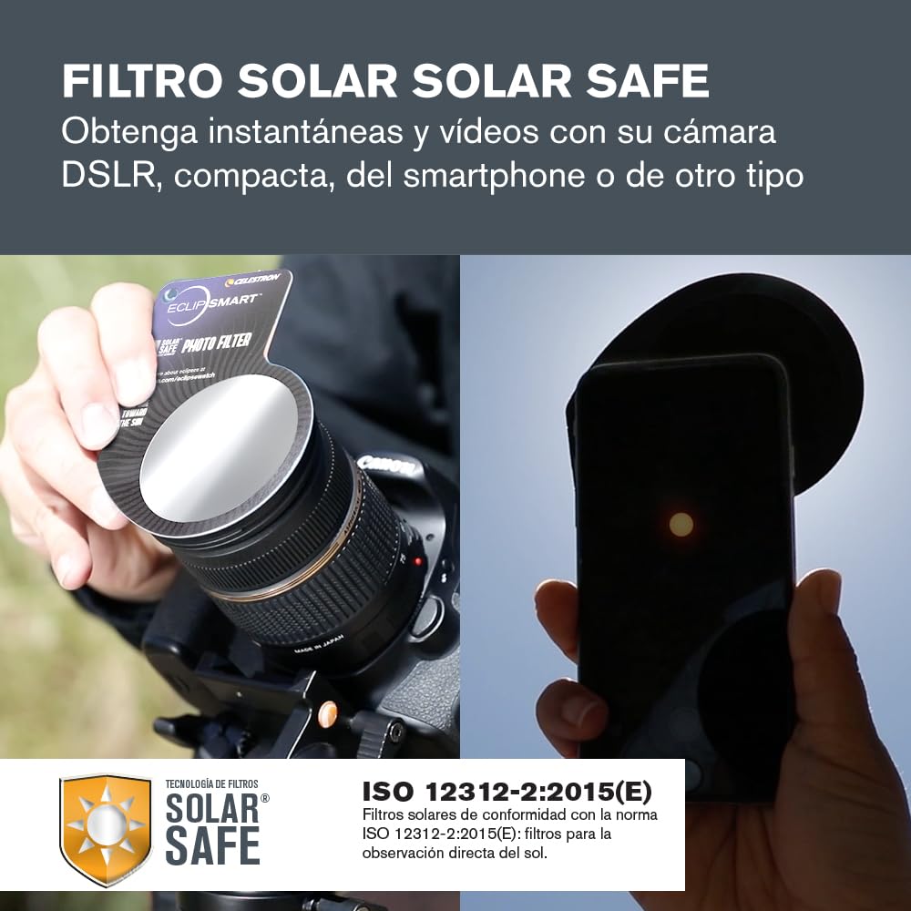 Celestron EclipSmart kit 3 piezas, observe y capture eclipses solares. Gafas solares, filtro para cámara y libro eclipses. Filtros conformes con norma internacional para observación directa del sol