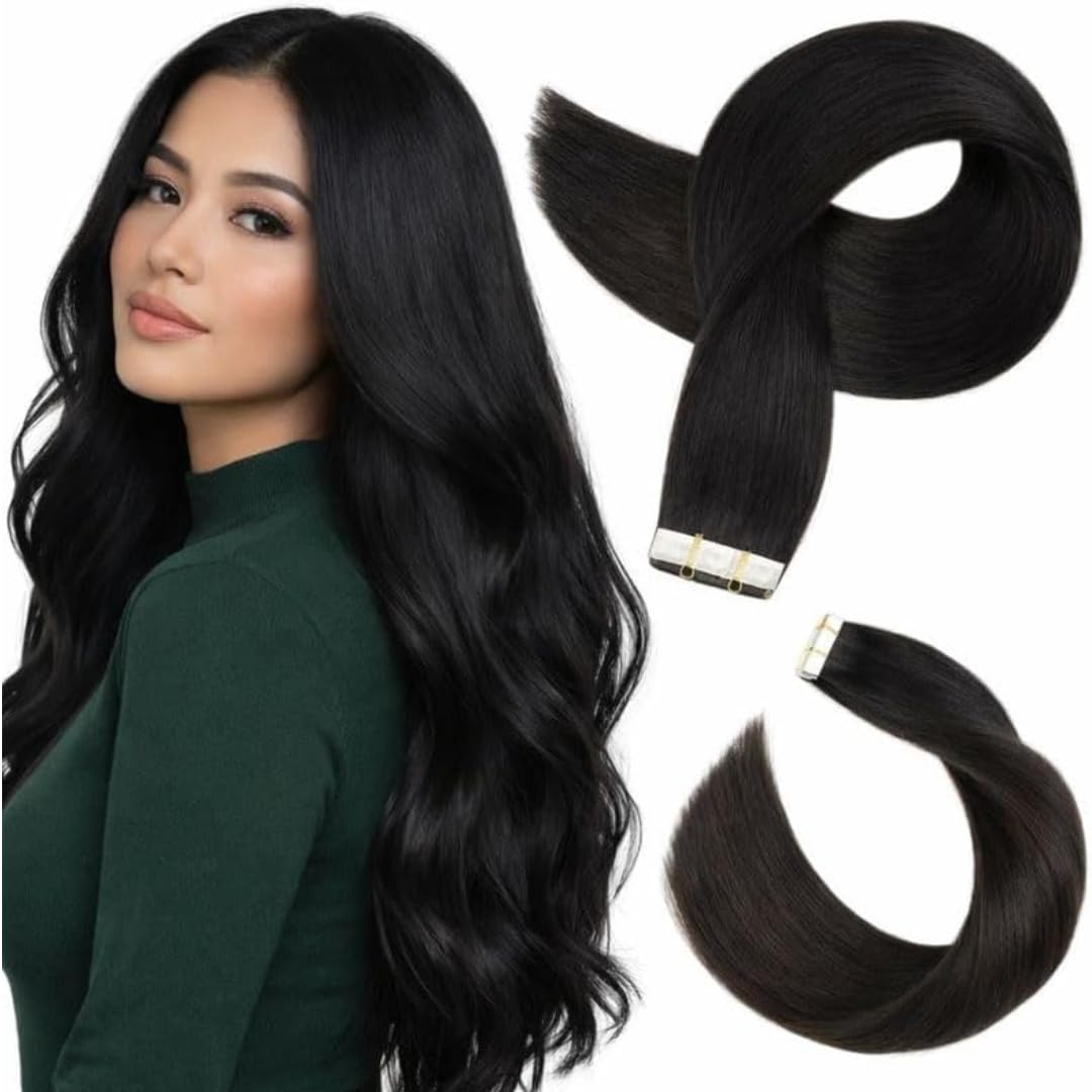 Human Hair Extensions 24 Inch Tape in Hair Extensions Human Hair, seamless hair extensions Real Human Hair Extensions, Natural Straight Seamless Salon Quality Hair Extensions 20pcs 50g Natural Color