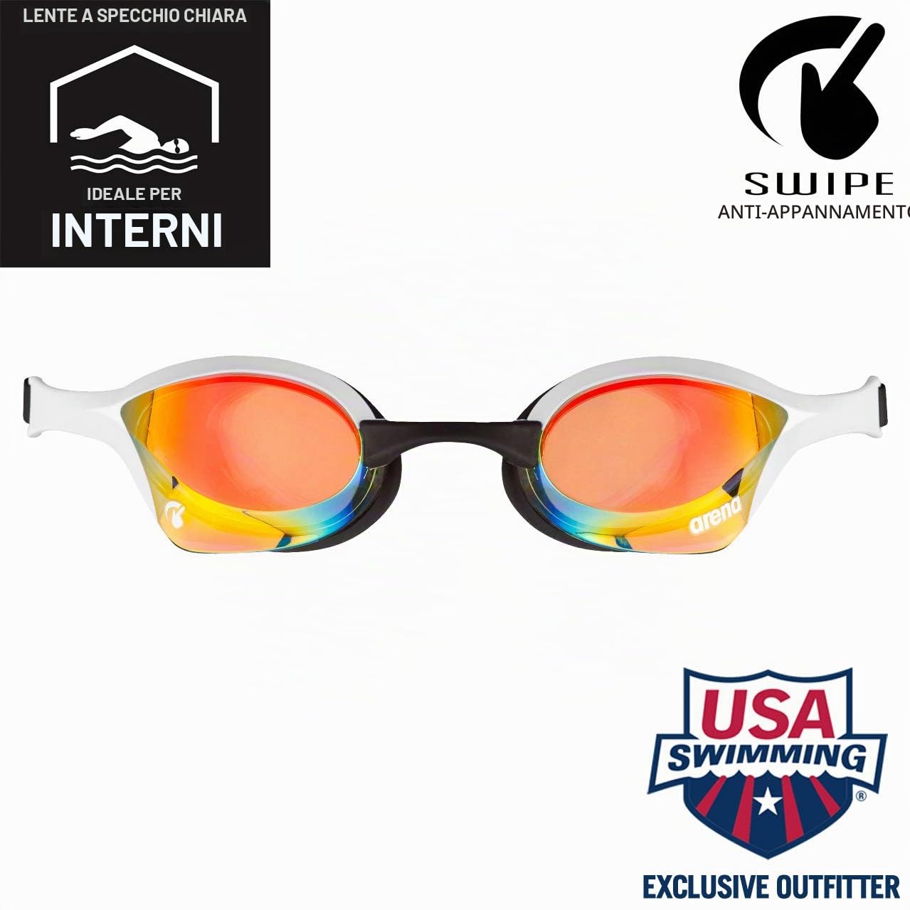 arena Cobra Ultra Swipe Mirror Occhialini Nuoto da Gara Unisex Adulto, Occhialini Piscina con Lenti a Specchio Curve, Anti-Appannamento, Protezione UV, 5 Ponti Nasali Intercambiabili