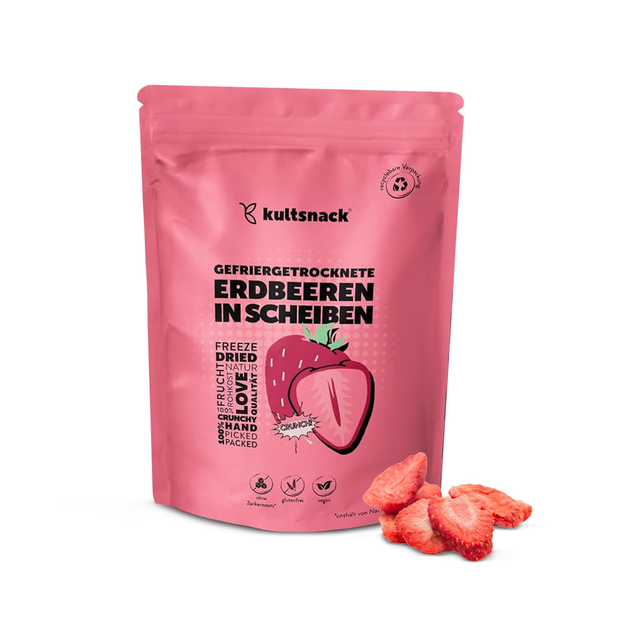 KULTSNACK Gefriergetrocknete Erdbeerscheiben – 500g – Getrocknete Erdbeeren – Als Snack & für Müslis – Süßigkeiten Ersatz – ohne Zuckerzusatz – Pure Frucht (Vegan, Glutenfrei)