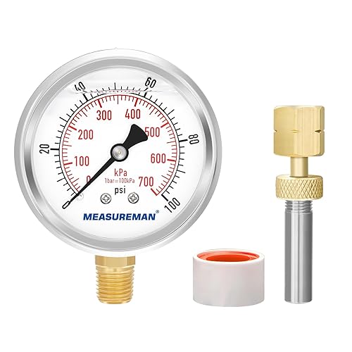 MEASUREMAN Medidor de presión relleno de líquido de 0-100 psikpa con adaptador de manómetro de latón 14NPT hembra, 2-12 OAL x 1-25 "x 18" sonda con