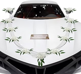 Artificial Wedding Car Decorations Kit with Suction Cups - White Rose Flowers, Bouquet, Ribbon Set