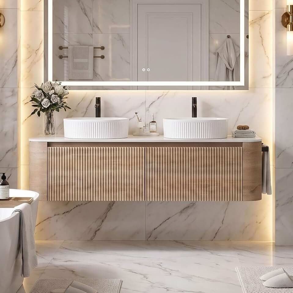 60" Preassembled Double Floating Bathroom Vanity with White Sink, Oak