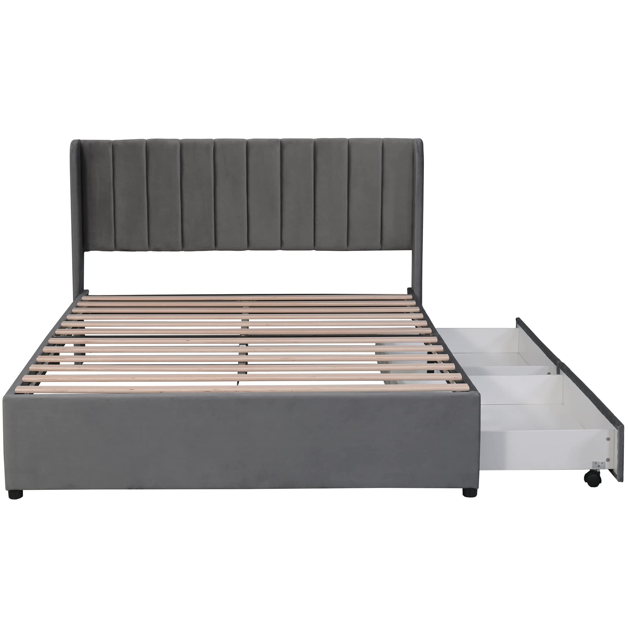Rtopsu Polsterbett Doppelbett 140x200 cm, Bett mit 2 Stauraum Schubladen und Lattenrost aus Holz, Stauraumbett Bettgestell mit Metallrahmen, Samt, Grau (Ohne Matratze)