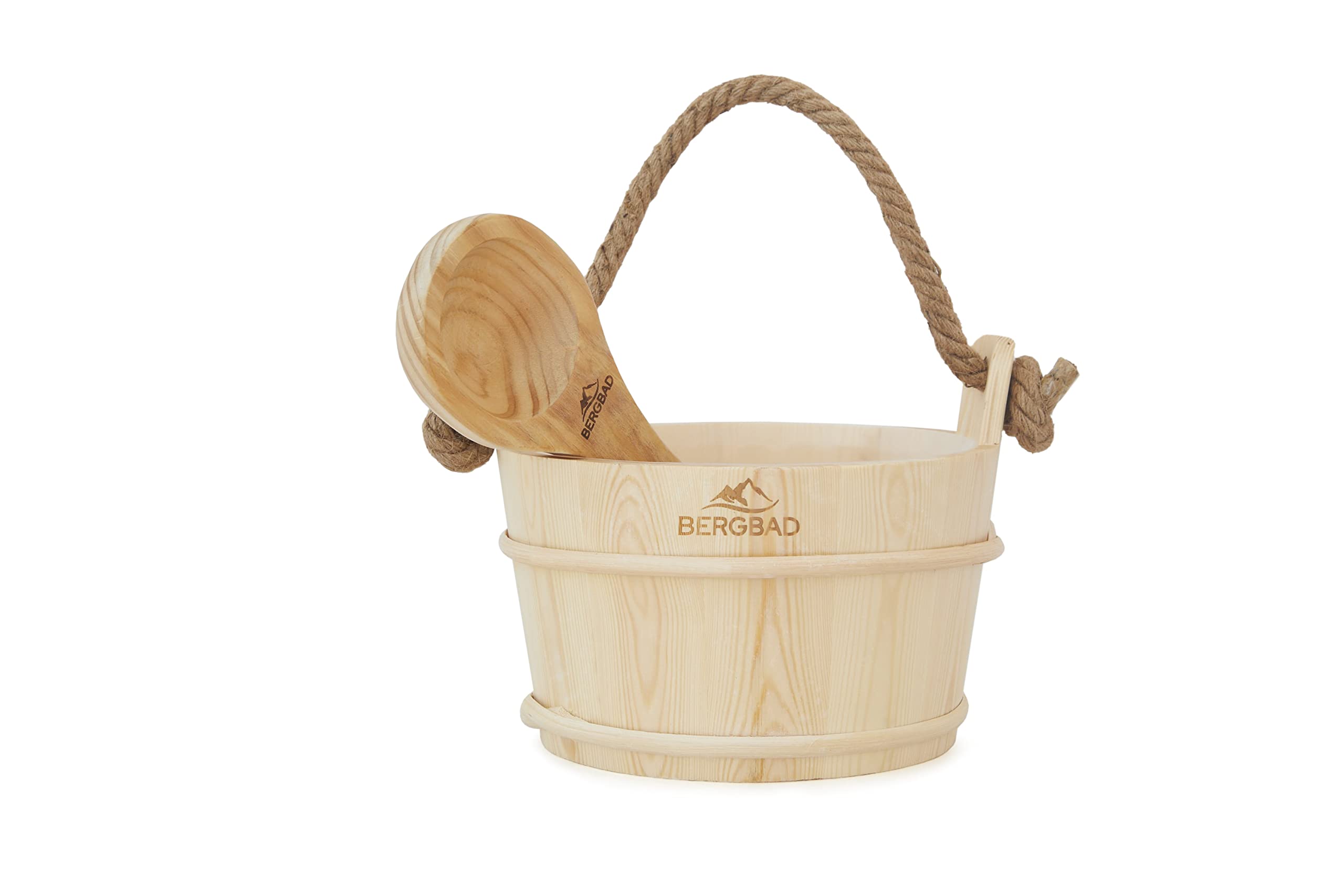 Seau de sauna avec louche de 3,5 l - Seau de sauna en bois naturel - Accessoire de sauna de qualité supérieure avec insert en plastique et corde de chanvre