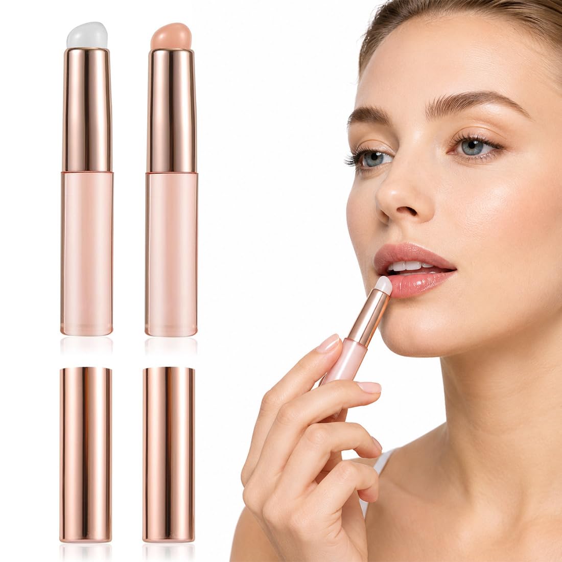 2 Pennello Per Labbra In Silicone multifunzionale con cappuccio, per rossetto, gloss, correttore e unghie, rosa e grigio