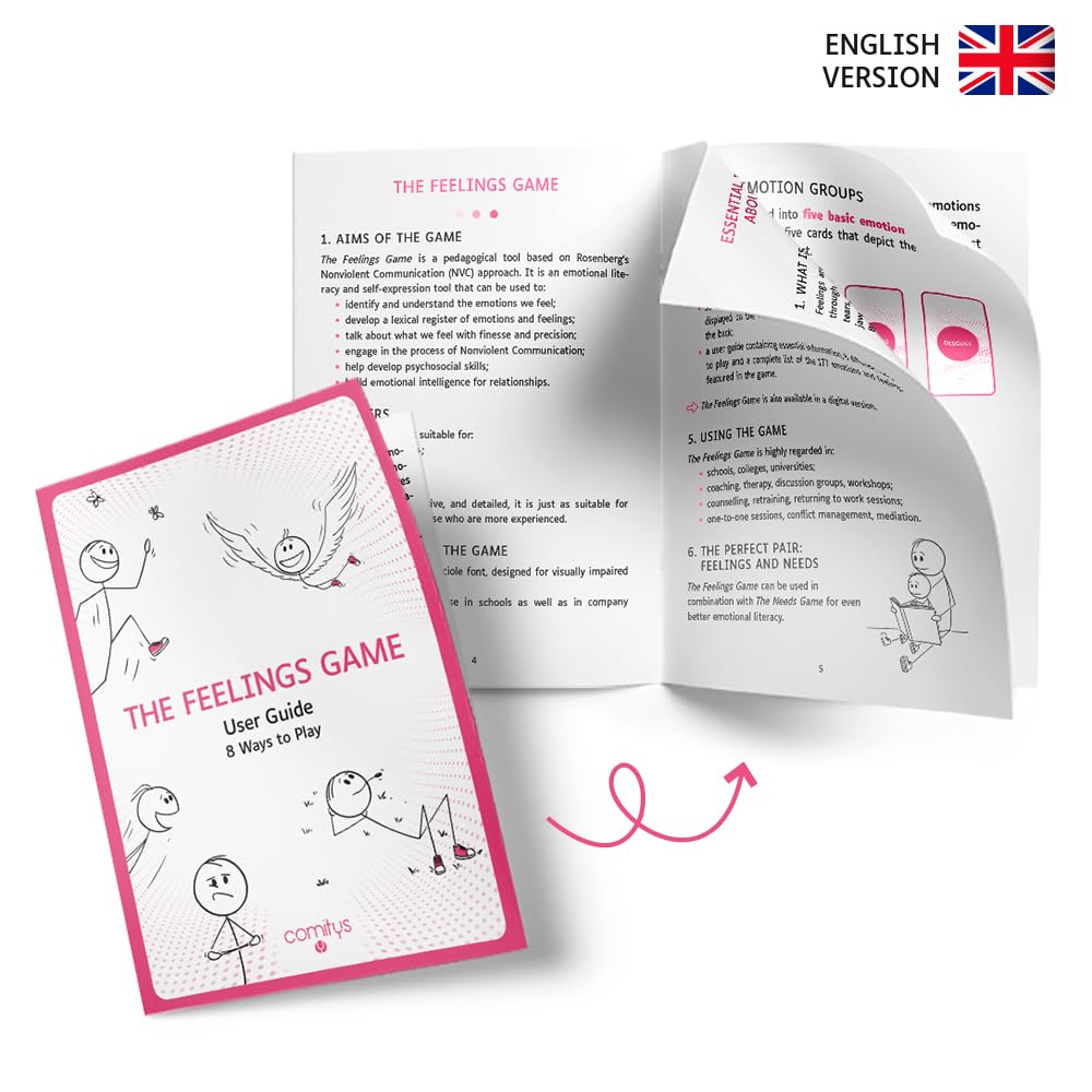 Comitys | Juego de Las emociones | 64 Tarjetas de alfabetización Emocional | Herramienta pedagógica Inspirada en la Comunicación No Violenta CNV | 177 Estados emocionales por descub (Inglés)