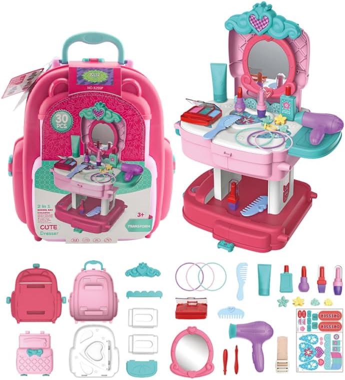 Busy Box Juego de cocina de juguete para niños, juego de cocina de chefs para niños y niñas, 34 accesorios mochila móvil, kit de cocina para niños