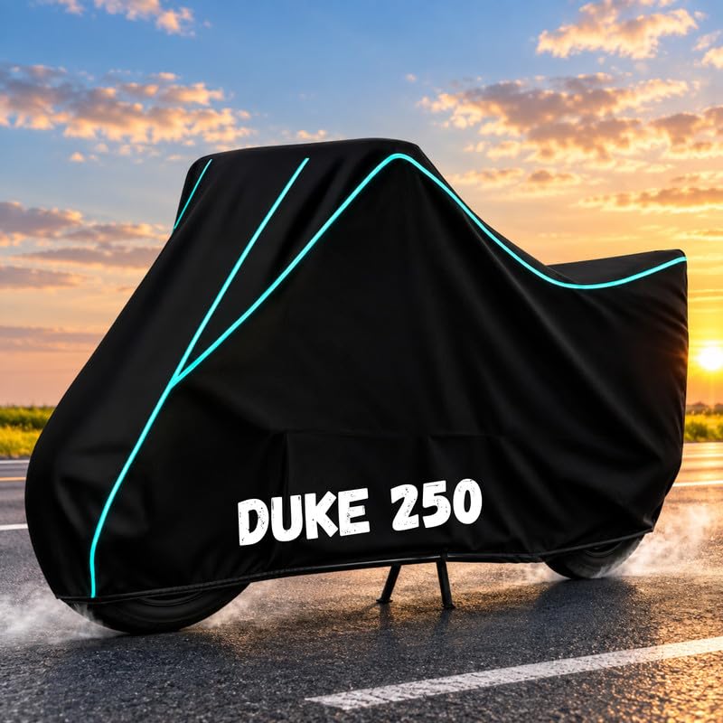 Image of Bike Body Cover for Duke 250 - Heavy Duty Waterproof, Dustproof & Scratch Resistant Motorcycle Cover, Full Body Outdoor Cover with UV & Rain Protection, Black Aqua Piping