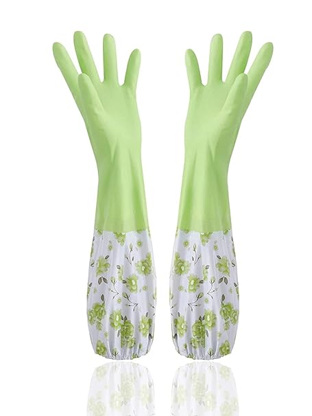 PUHBRHY Reusable Rubber Latex PVC Flock lined Heavy Duty Hand gloves for Dishwashing Long Elbow Hand Gloves,Safety Kitchen for Cleaning, Gardening, Laundry multipupose usable gloves(PAIR 1)(green)