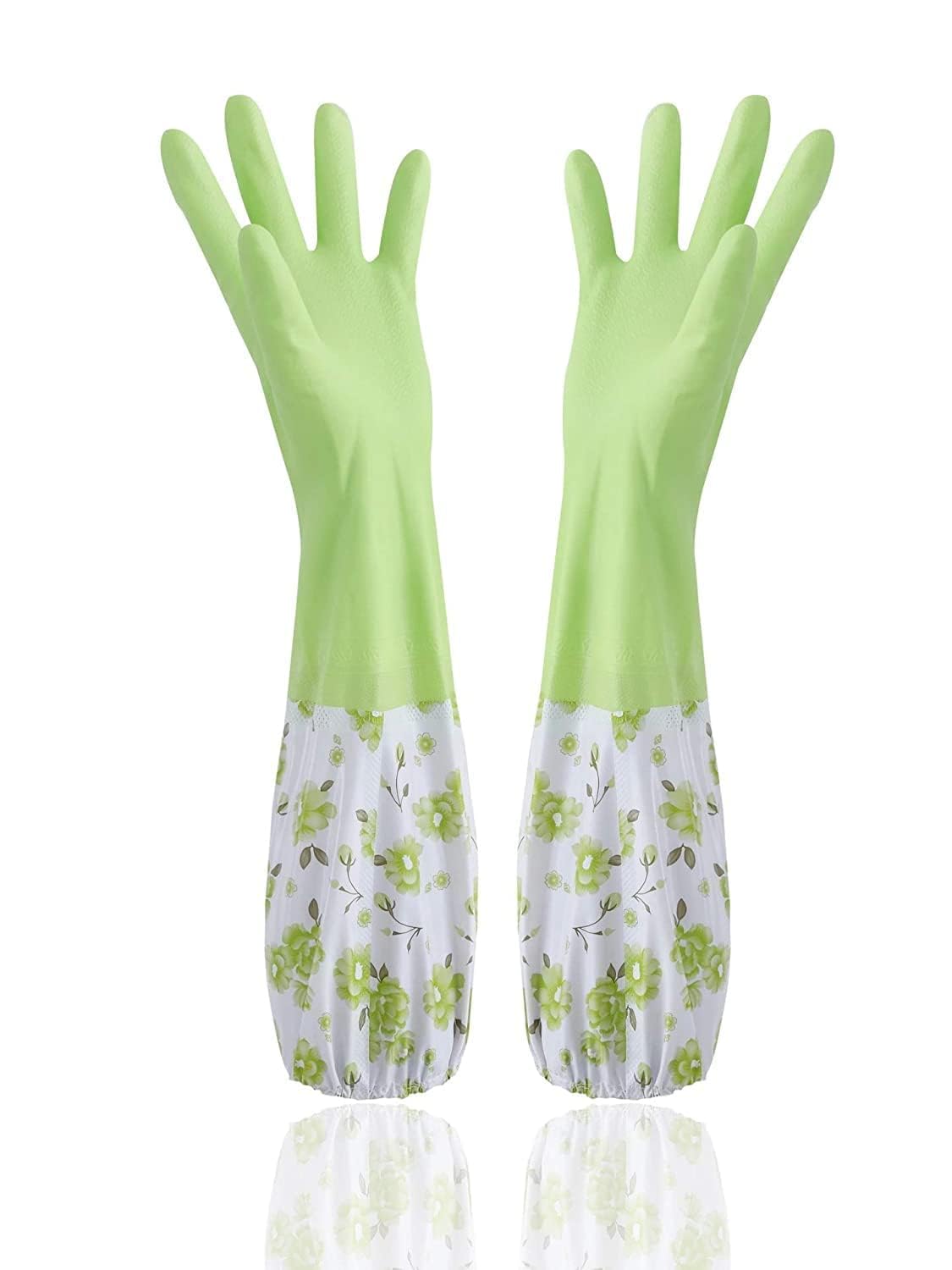 Reusable Rubber Latex PVC Flock lined Heavy Duty Hand gloves for Dishwashing Long Elbow Hand Gloves,Safety Kitchen for Cleaning, Gardening, Laundry multipupose usable gloves(PAIR 1)(green)