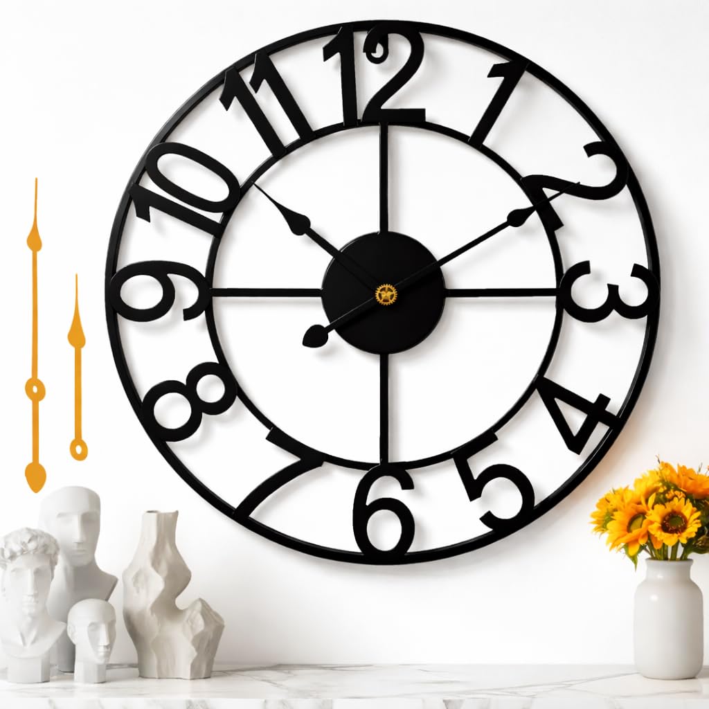 JacksGifts Wall Clock - 47CM, Non-Ticking Metal Arabic Numerals wall clocks with Black Hands, Wall Clocks for Living Room, Bedroom, wall Decor & Kitchen clock - Free Gold-Tone Hands Set (47 CM)