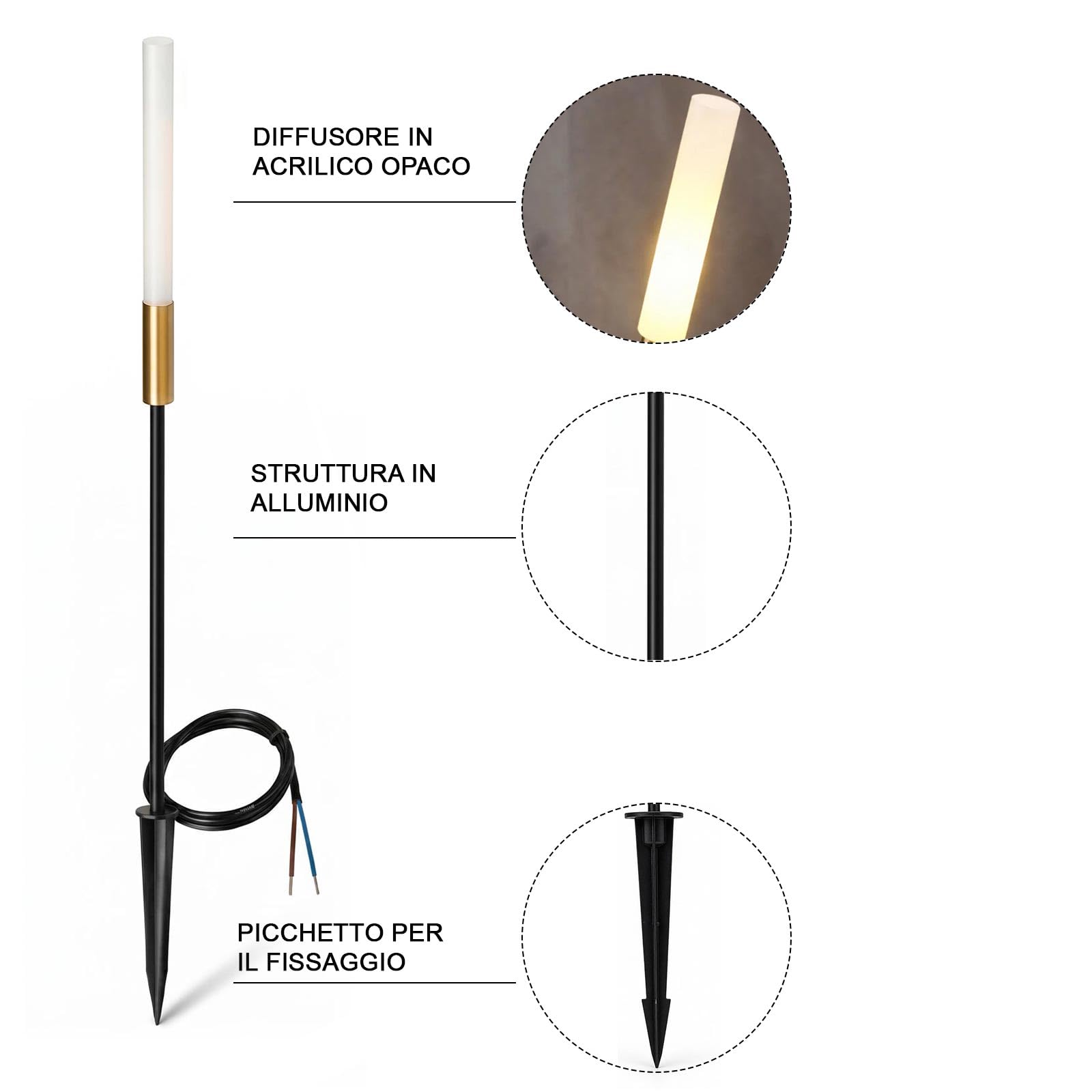Planetitaly Lampione con Picchetto LED 0.5W Basso Consumo 24V Lampioncino Stelo di Luce Naturale 4000K Palo Luminoso Giardino Terreno Cespugli Vialetti (60cm)