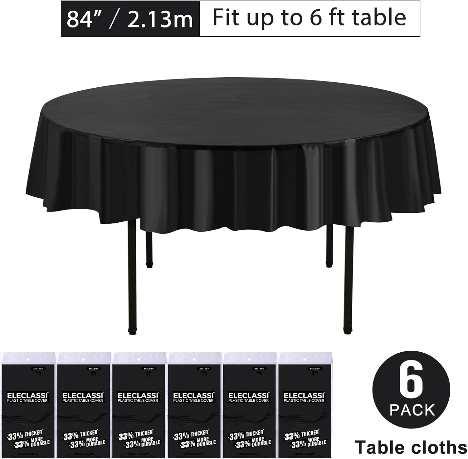 Eleclassi Black 6 Pack Premium Round Disposable Plastic Tablecloth - 84 Inch Round Plastic Table Cloths for Parties Disposable Tablecloth - Round Plastic Tablecloth - Black Round Tablecloth