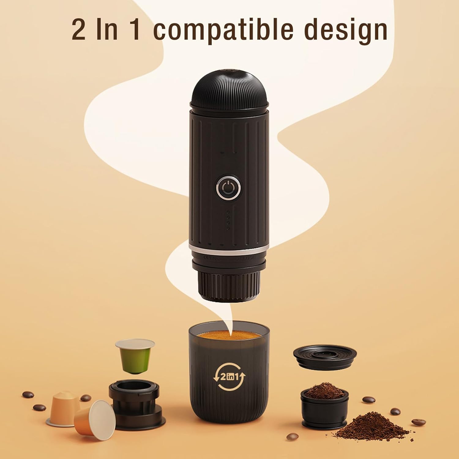 Portable Machine, 2 in 1 19 Bar Pressure Electric Heating Coffee Maker, Compatible with Ground Coffee & Coffee Capsule, for Travel Camping Hiking Office